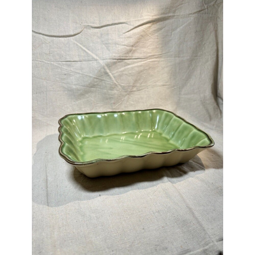 Nantucket Fluted Rectangular Green Bowl 10" x 8" Trinkets Desserts Ceramic